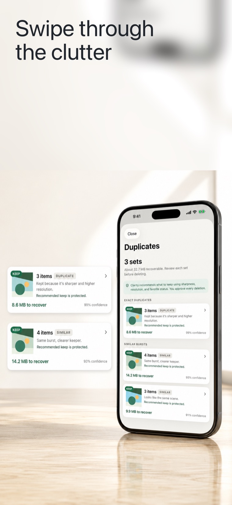Five categories, scored on-device