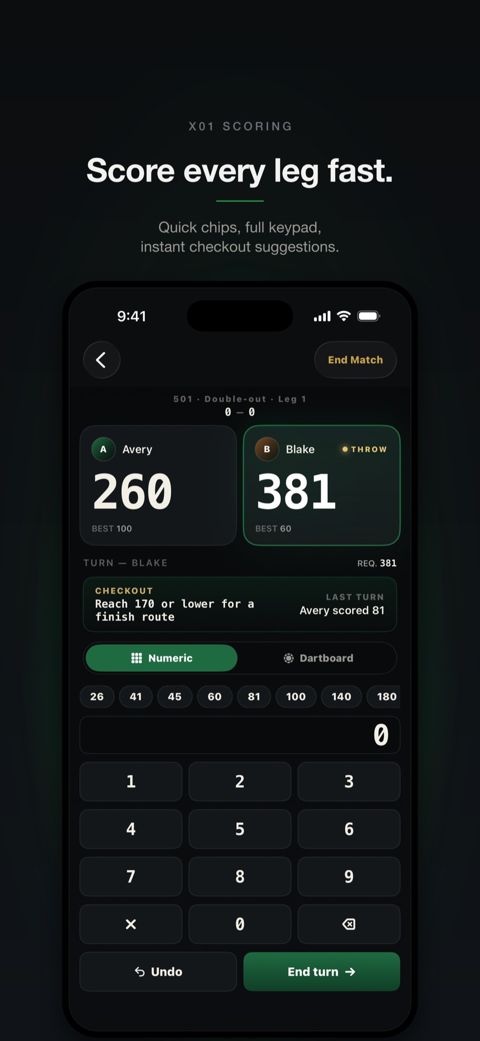 X01 match in progress: 501 double-out, score 280 with 221 to go and a generated checkout suggestion.