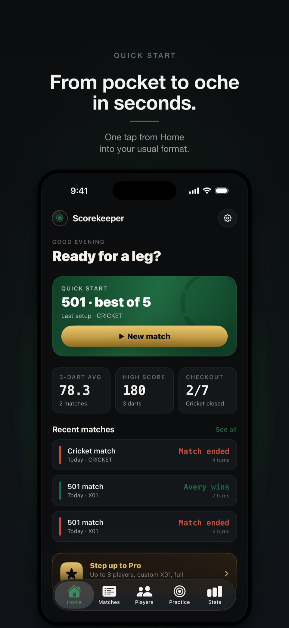 Home screen: quick-start tile and resume-in-progress card for the last match played.